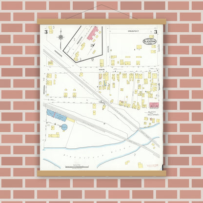 Old map wall art mockup — magnetic wood frame on brick wall — Sanborn Fire Insurance Map from Blackstone, Worcester County, Massachusetts (1923), Sheet #0003