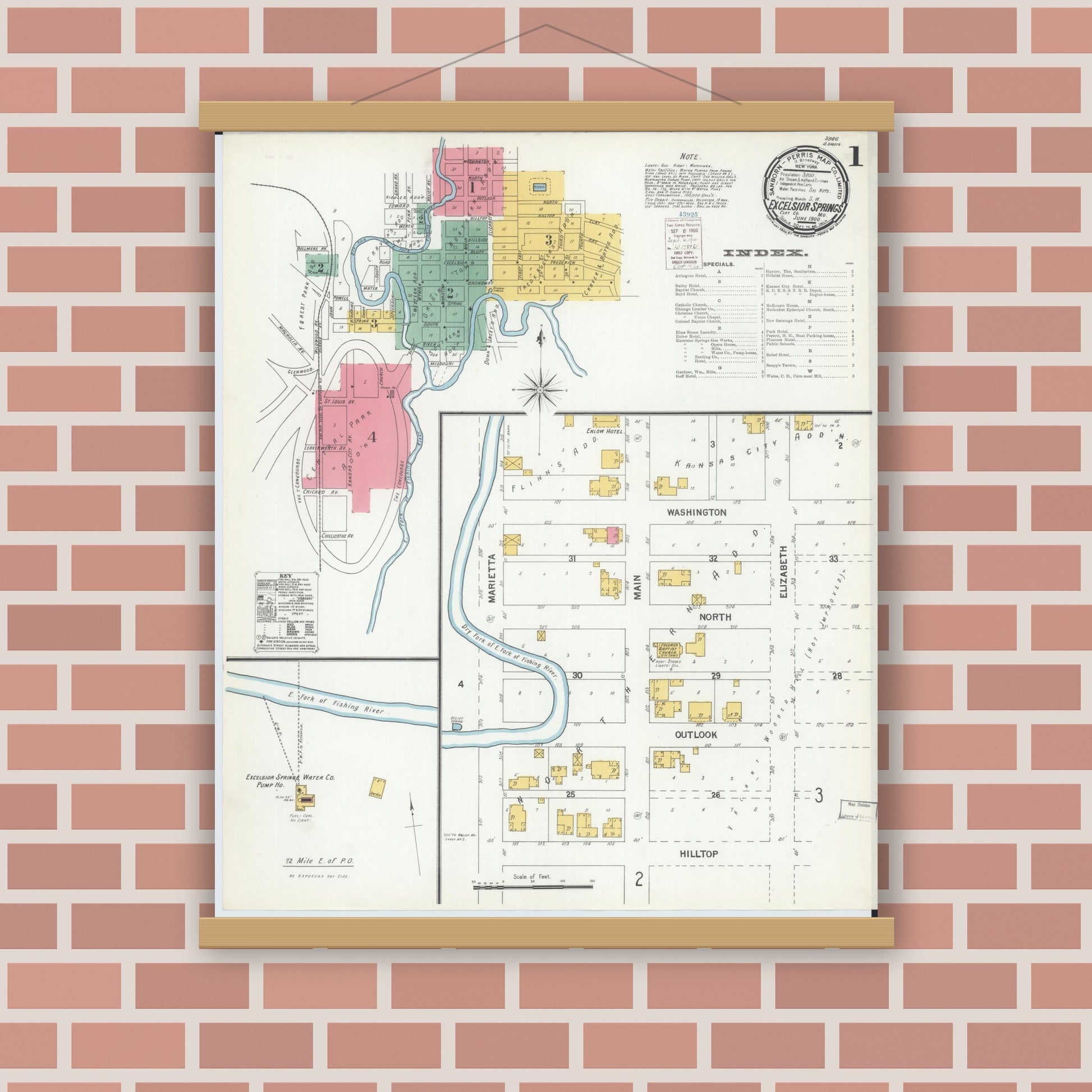 Old map wall art mockup — magnetic wood frame on brick wall — Sanborn Fire Insurance Map from Excelsior Springs, Clay County, Missouri (1900) - Complete Map Set