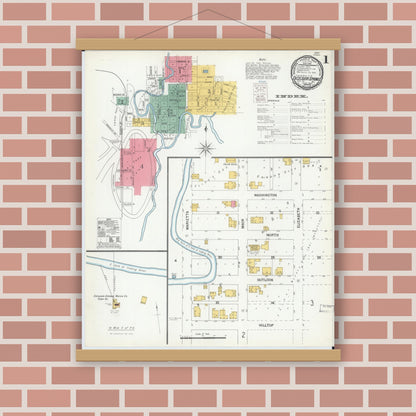 Old map wall art mockup — magnetic wood frame on brick wall — Sanborn Fire Insurance Map from Excelsior Springs, Clay County, Missouri (1900) - Complete Map Set