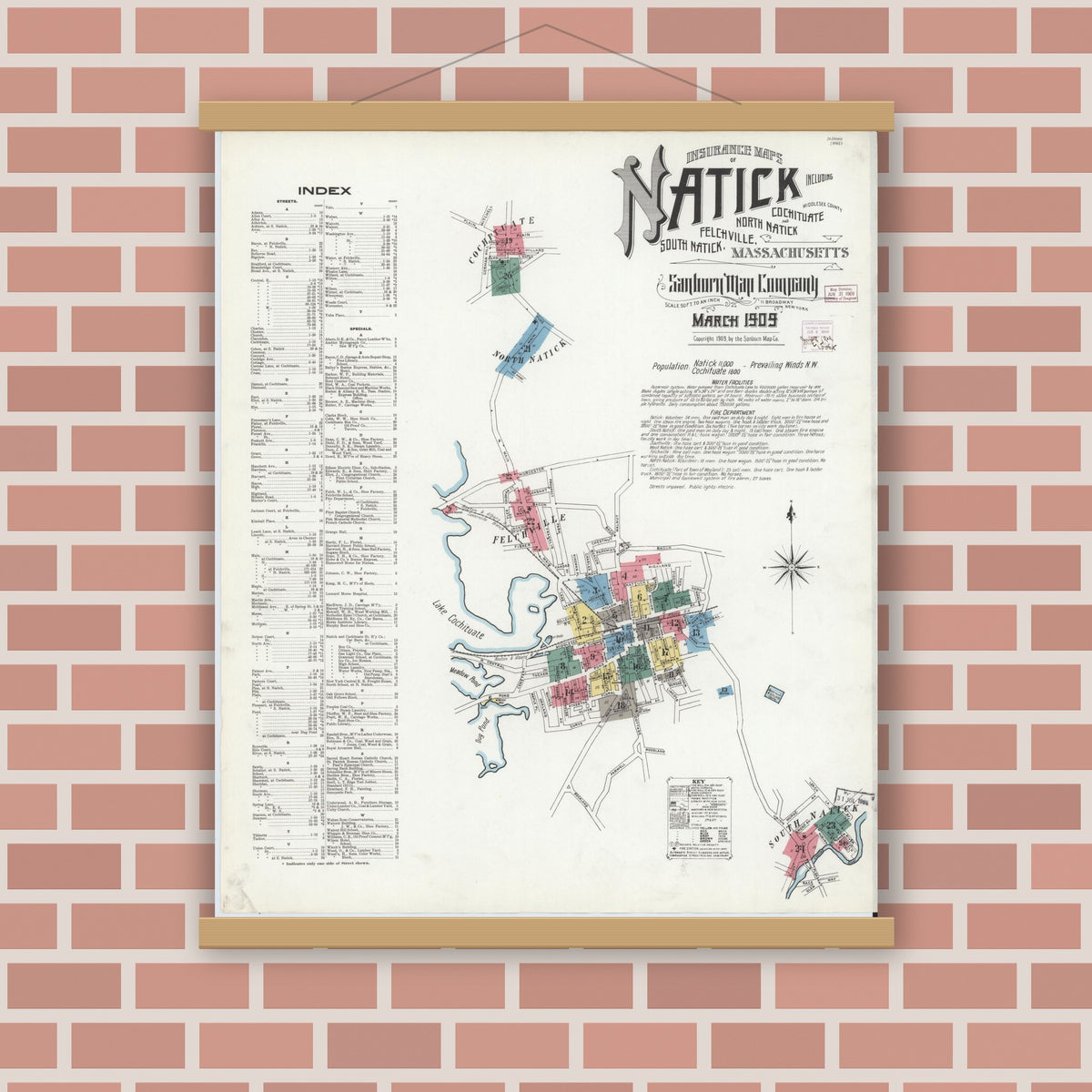 Old map wall art mockup — magnetic wood frame on brick wall — Sanborn Fire Insurance Map from Natick, Middlesex County, Massachusetts (1909) - Complete Map Set