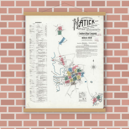 Old map wall art mockup — magnetic wood frame on brick wall — Sanborn Fire Insurance Map from Natick, Middlesex County, Massachusetts (1909) - Complete Map Set
