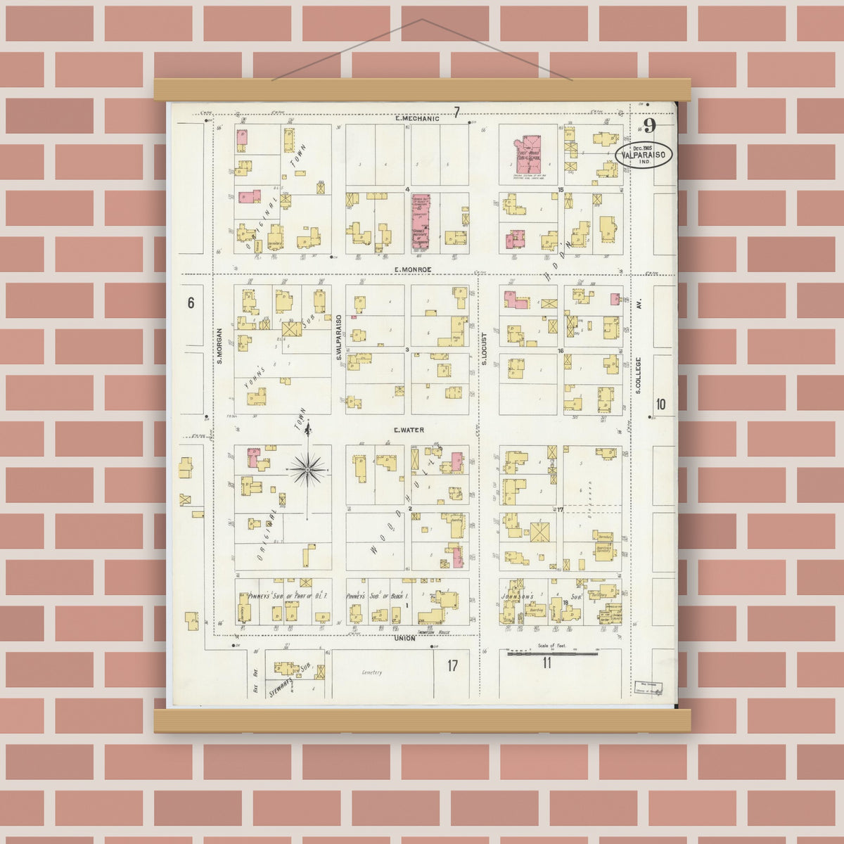 Old map wall art mockup — magnetic wood frame on brick wall — Sanborn Fire Insurance Map from Valparaiso, Porter County, Indiana (1905), Sheet #0009