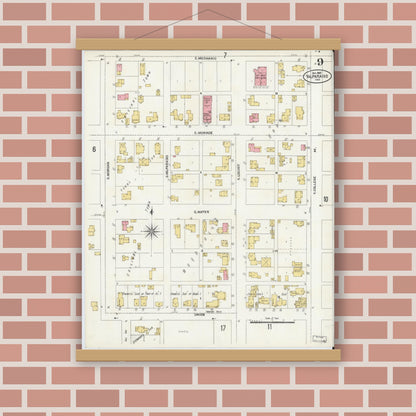Old map wall art mockup — magnetic wood frame on brick wall — Sanborn Fire Insurance Map from Valparaiso, Porter County, Indiana (1905), Sheet #0009
