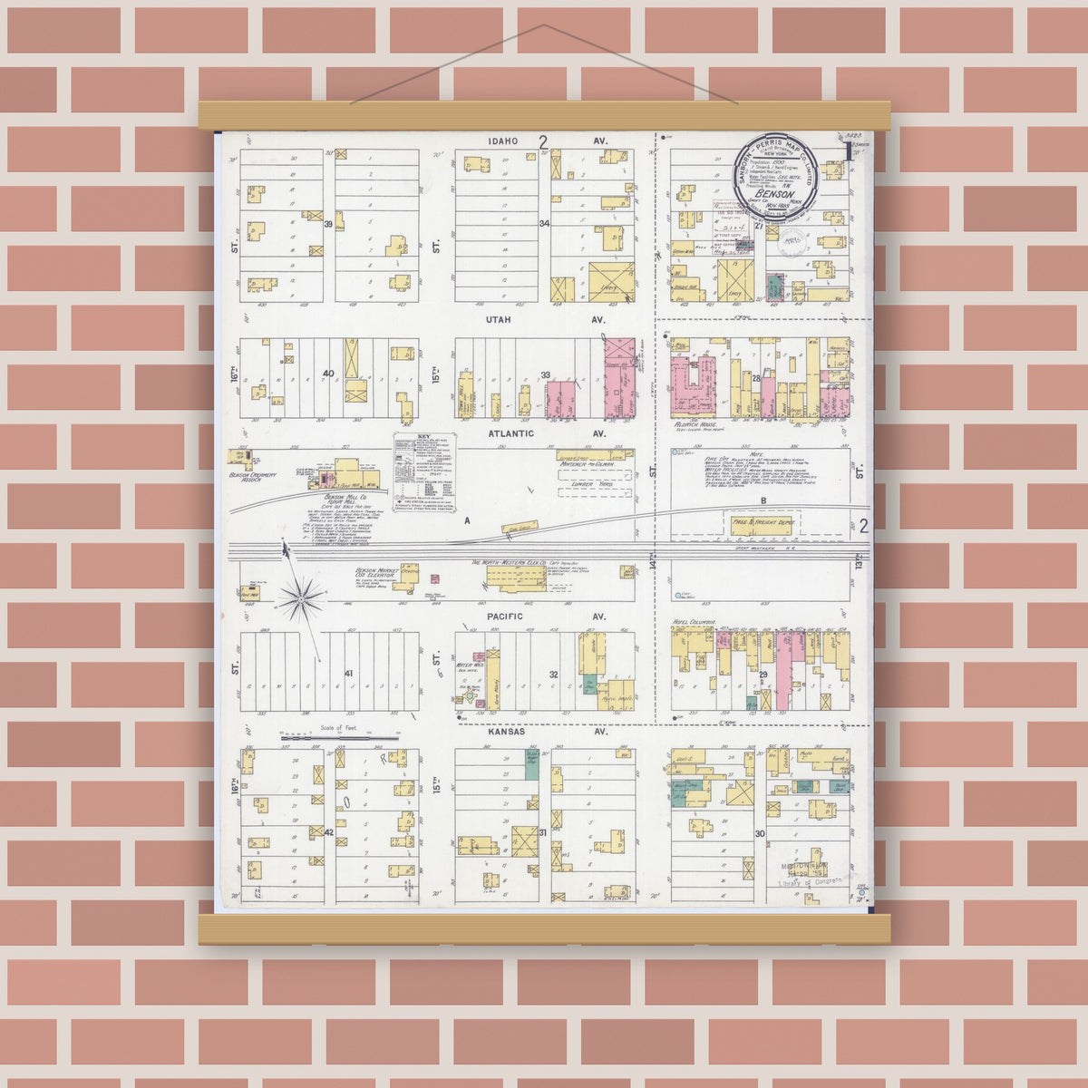 Old map wall art mockup — magnetic wood frame on brick wall — Sanborn Fire Insurance Map from Benson, Swift County, Minnesota (1899), Sheet #0001
