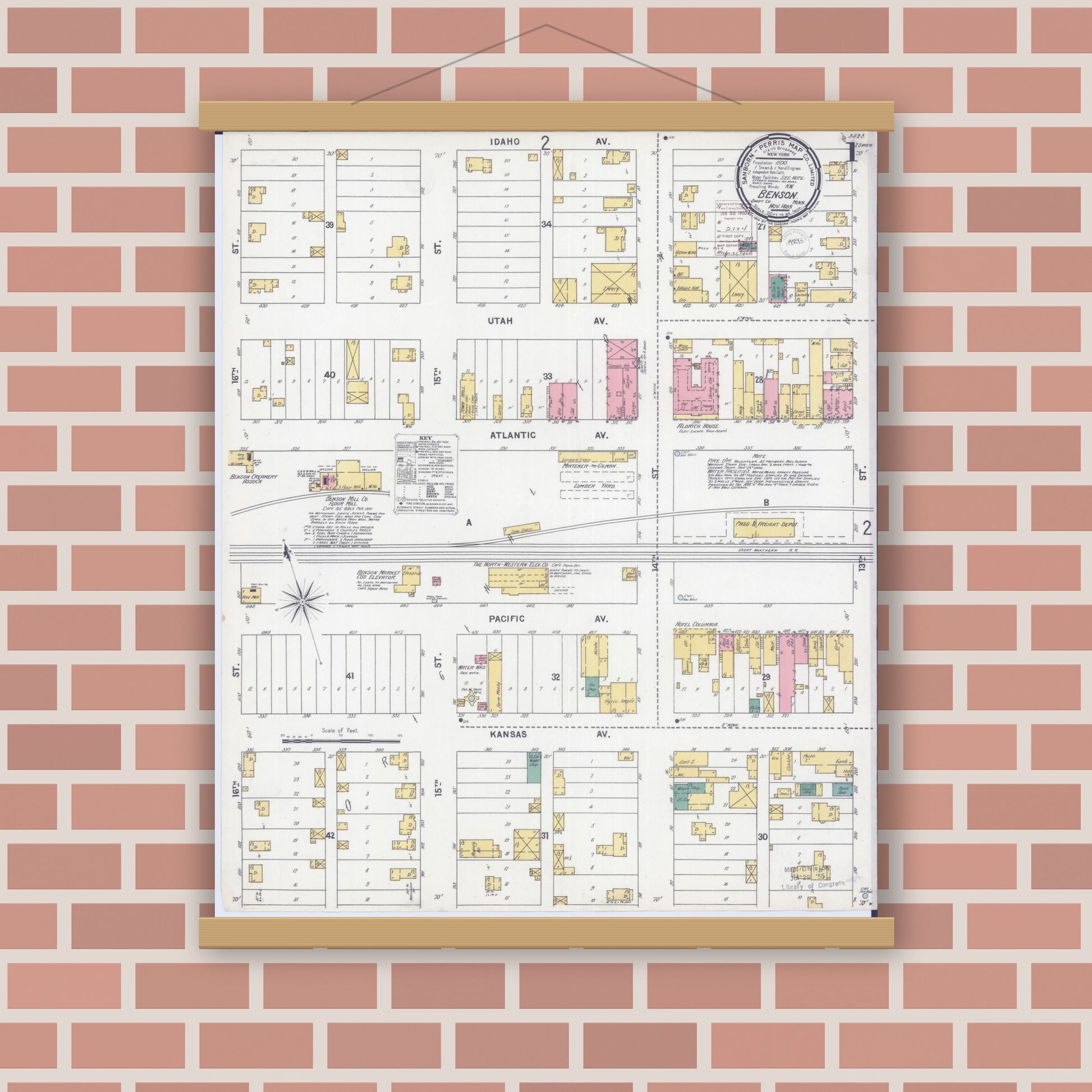 Old map wall art mockup — magnetic wood frame on brick wall — Sanborn Fire Insurance Map from Benson, Swift County, Minnesota (1899), Sheet #0001