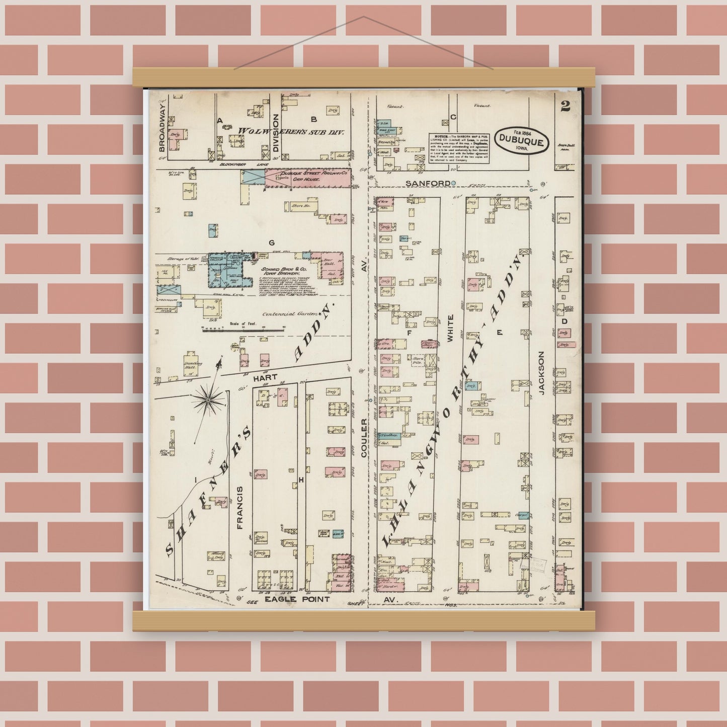 Old map wall art mockup — magnetic wood frame on brick wall — Sanborn Fire Insurance Map from Dubuque, Dubuque County, Iowa (1884) â€” Complete Set