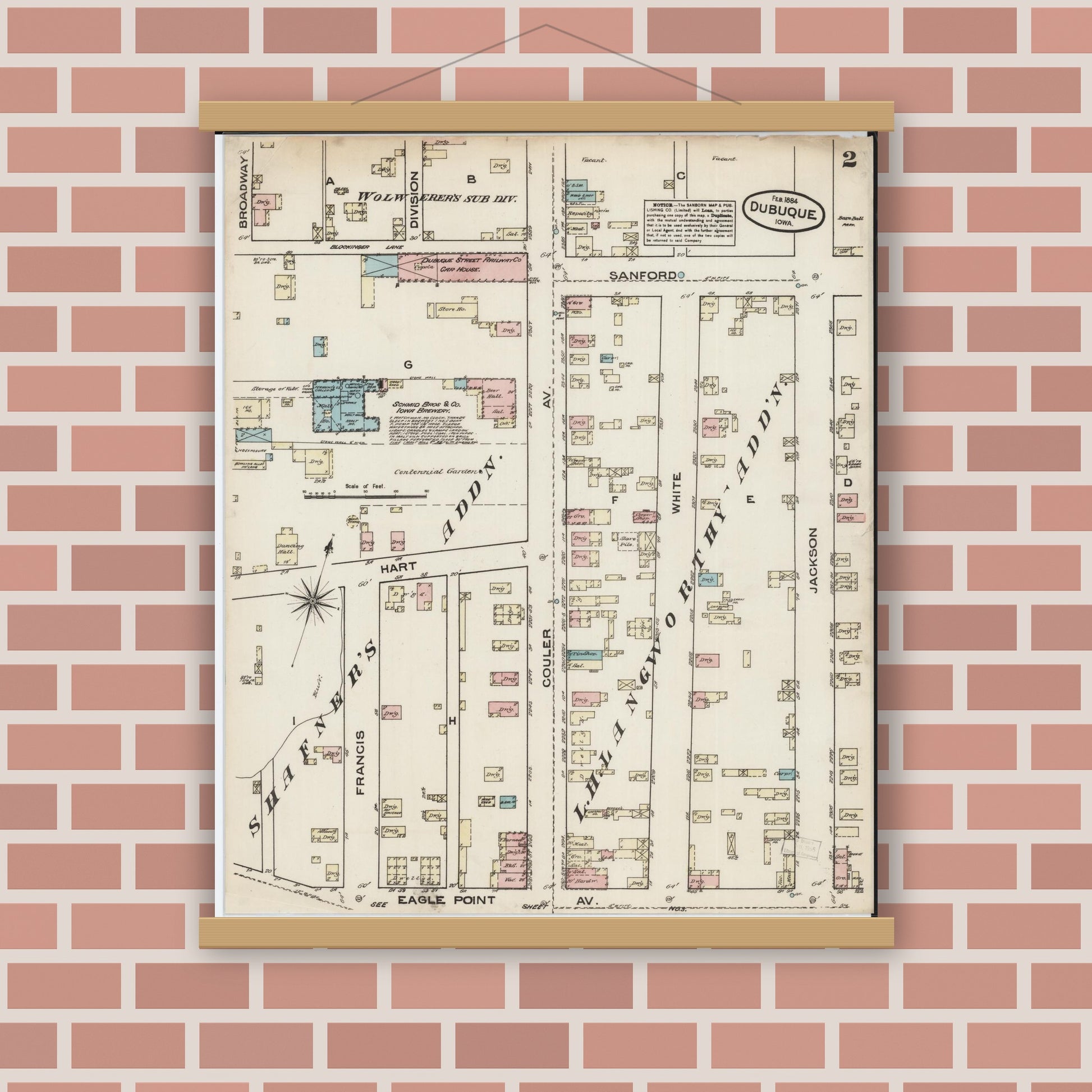 Old map wall art mockup — magnetic wood frame on brick wall — Sanborn Fire Insurance Map from Dubuque, Dubuque County, Iowa (1884) â€” Complete Set