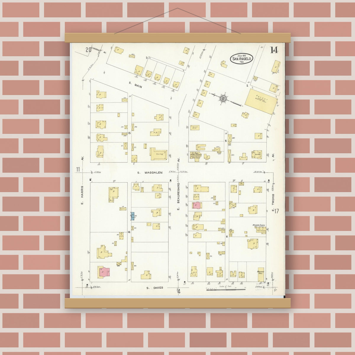 Old map wall art mockup — magnetic wood frame on brick wall — Sanborn Fire Insurance Map from San Angelo, Tom Green County, Texas (1913), Sheet #0014