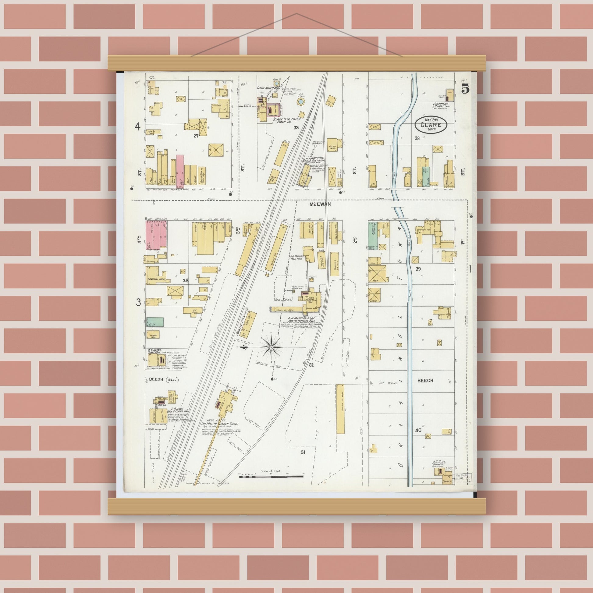 Old map wall art mockup — magnetic wood frame on brick wall — Sanborn Fire Insurance Map from Clare, Clare County, Michigan (1899), Sheet #0005