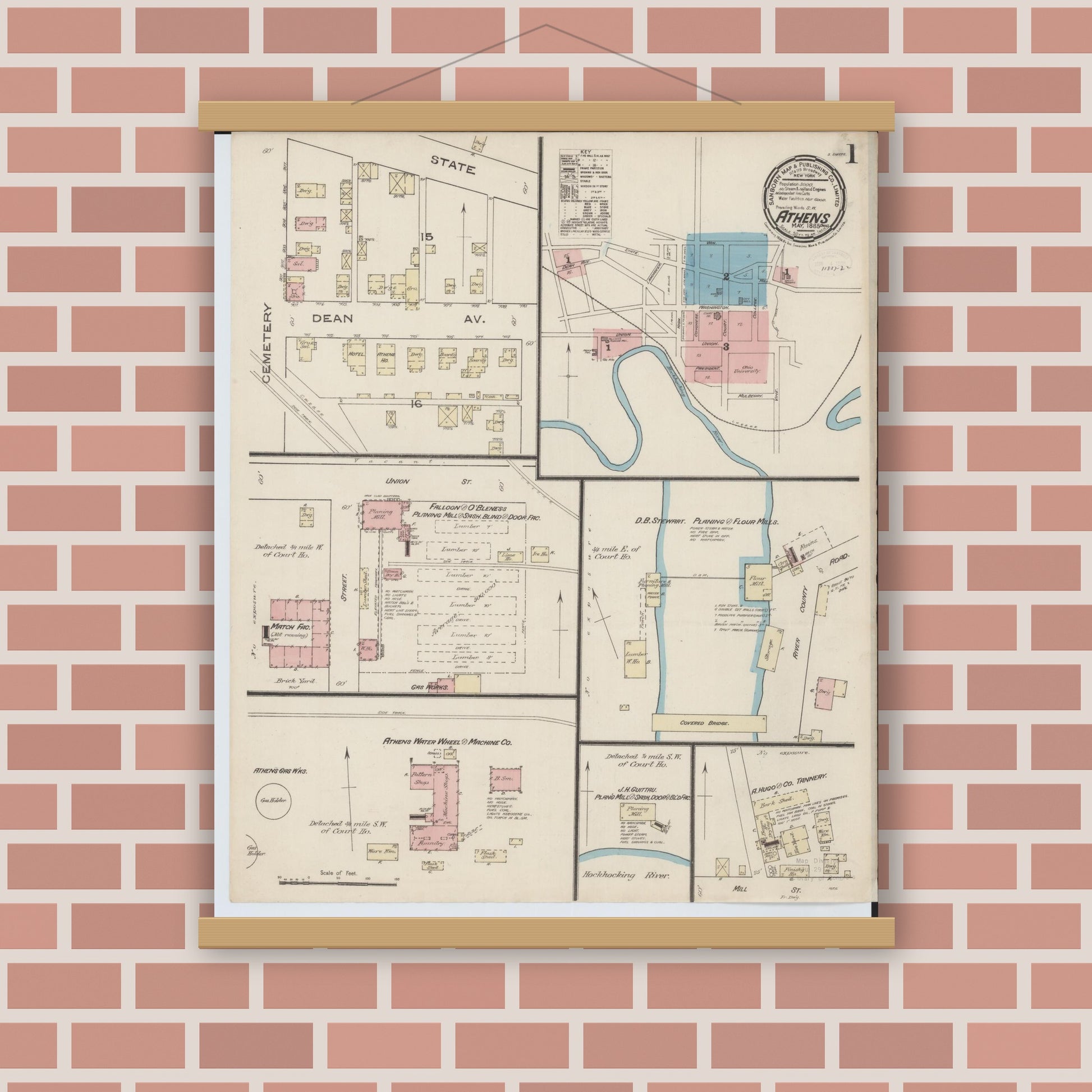 Old map wall art mockup — magnetic wood frame on brick wall — Sanborn Fire Insurance Map from Athens, Athens County, Ohio (1885) - Complete Map Set