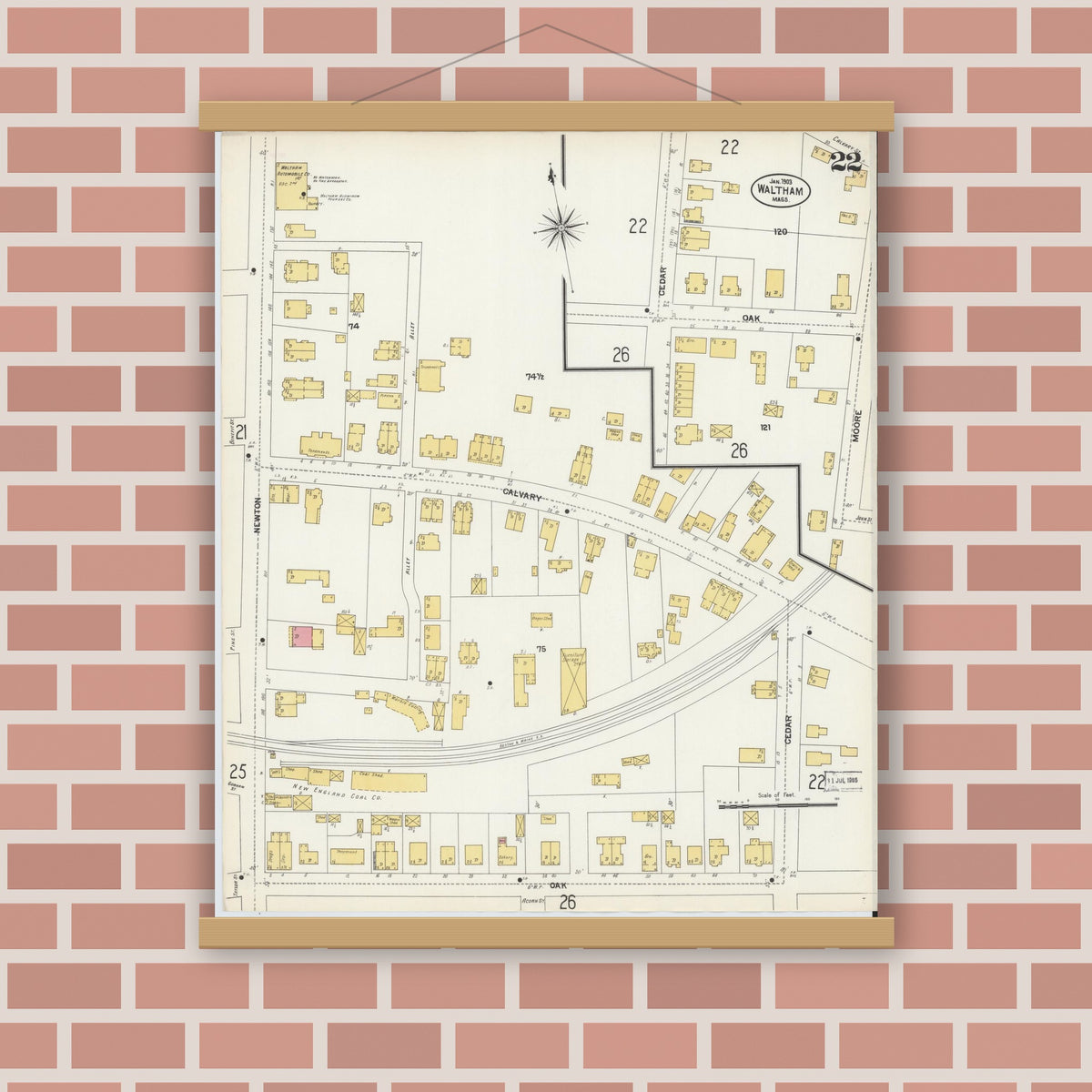 Old map wall art mockup — magnetic wood frame on brick wall — Sanborn Fire Insurance Map from Waltham, Middlesex County, Massachusetts (1903), Sheet #0022