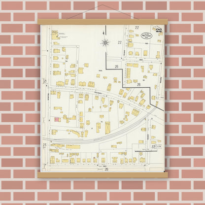 Old map wall art mockup — magnetic wood frame on brick wall — Sanborn Fire Insurance Map from Waltham, Middlesex County, Massachusetts (1903), Sheet #0022