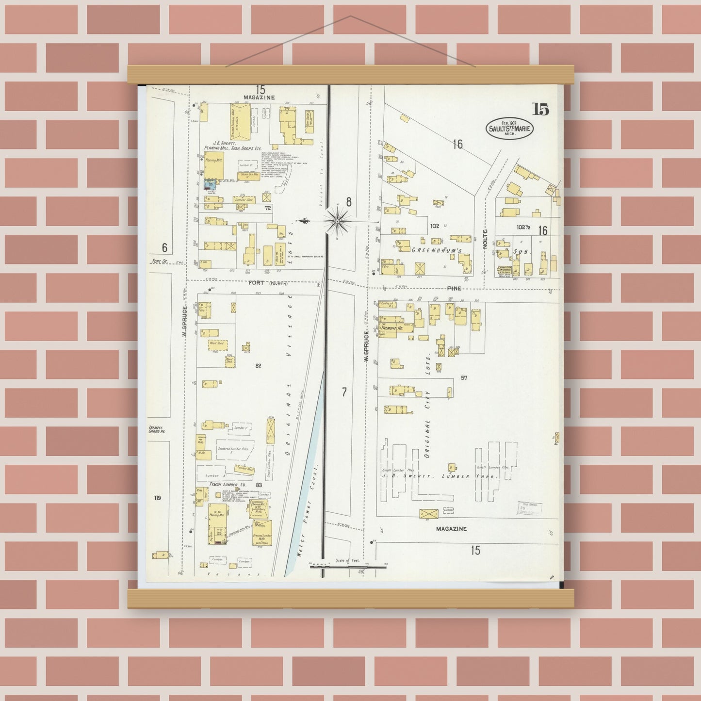 Old map wall art mockup — magnetic wood frame on brick wall — Sanborn Fire Insurance Map from Sault Sainte Marie, Chippewa County, Michigan (1902), Sheet #0015