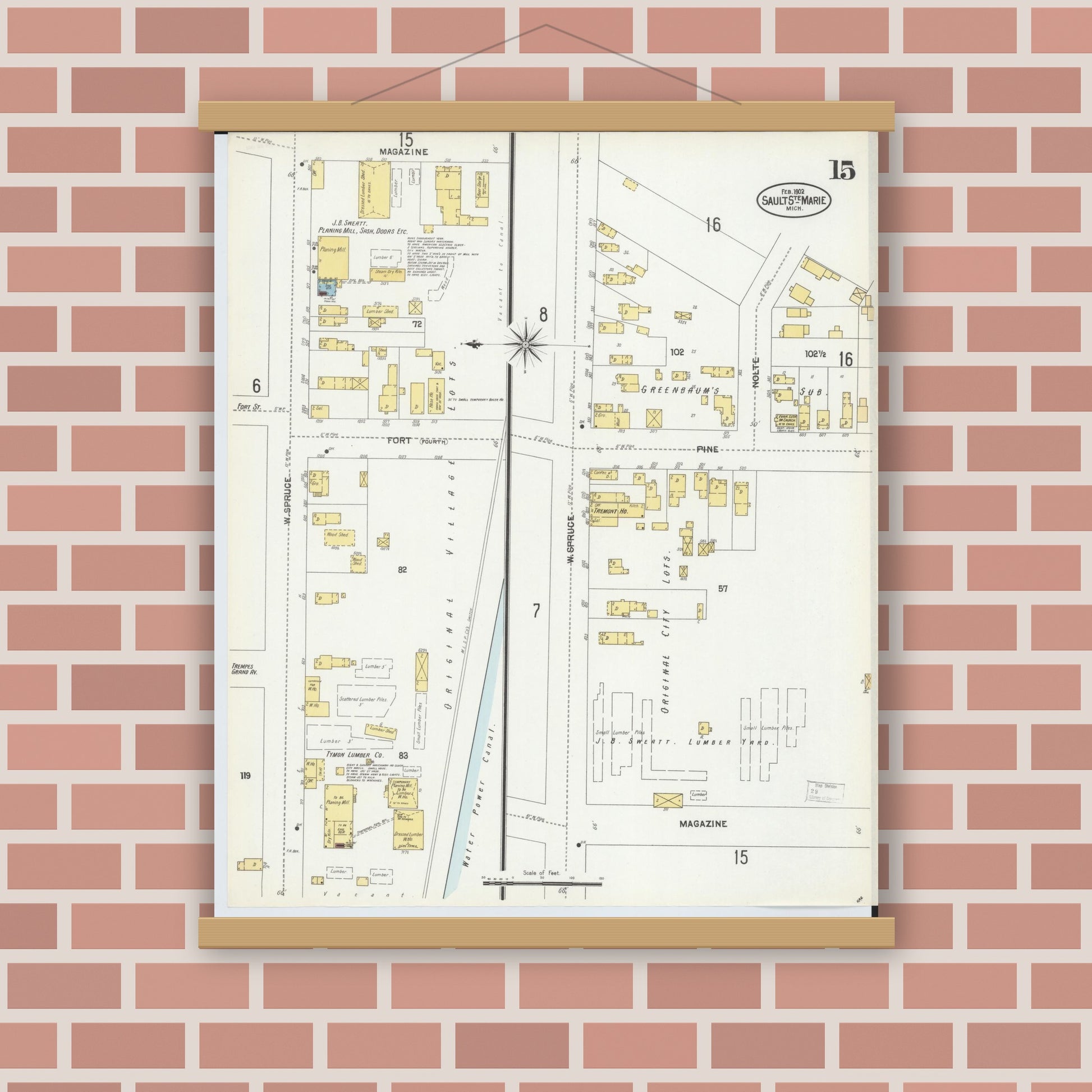 Old map wall art mockup — magnetic wood frame on brick wall — Sanborn Fire Insurance Map from Sault Sainte Marie, Chippewa County, Michigan (1902), Sheet #0015