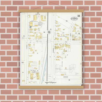 Old map wall art mockup — magnetic wood frame on brick wall — Sanborn Fire Insurance Map from Sault Sainte Marie, Chippewa County, Michigan (1902), Sheet #0015