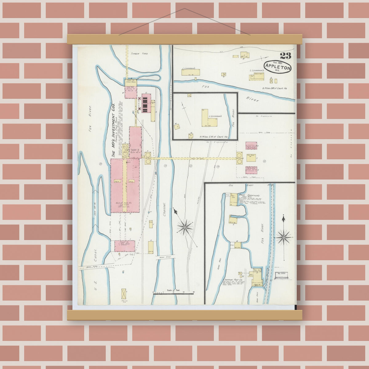 Old map wall art mockup — magnetic wood frame on brick wall — Sanborn Fire Insurance Map from Appleton, Outagamie County, Wisconsin (1891), Sheet #0023