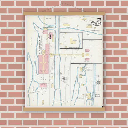 Old map wall art mockup — magnetic wood frame on brick wall — Sanborn Fire Insurance Map from Appleton, Outagamie County, Wisconsin (1891), Sheet #0023