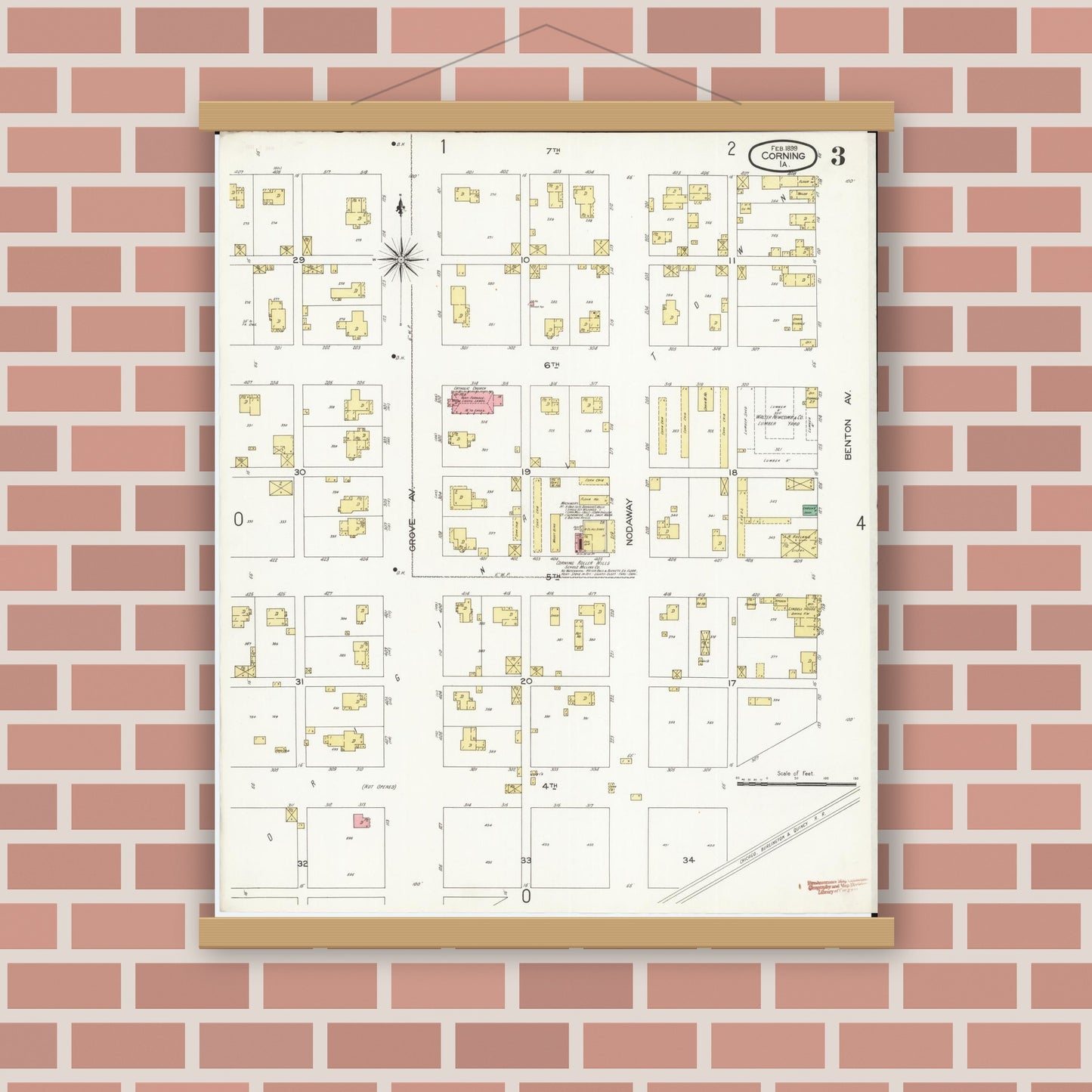 Old map wall art mockup — magnetic wood frame on brick wall — Sanborn Fire Insurance Map from Corning, Adams County, Iowa (1899), Sheet #0003