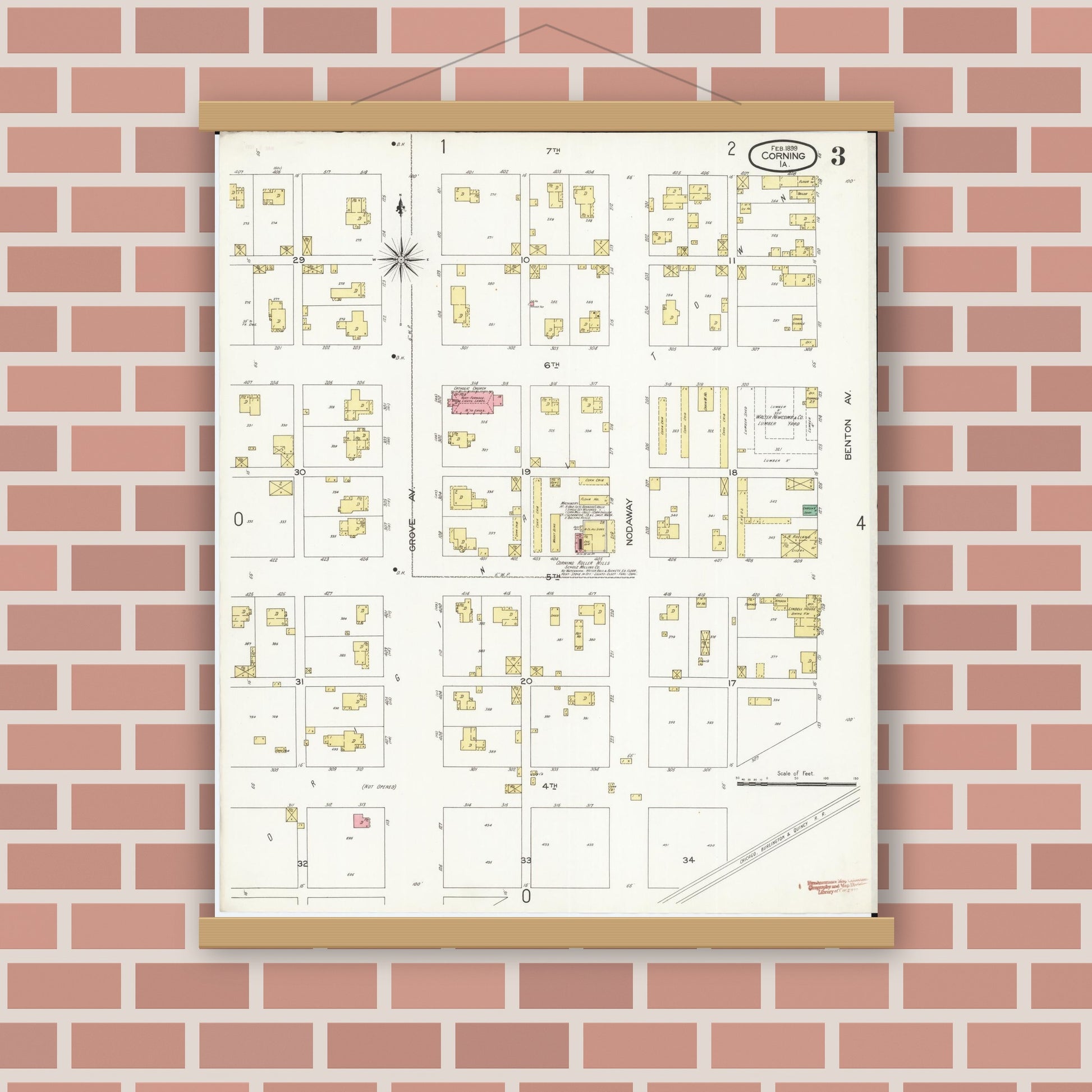 Old map wall art mockup — magnetic wood frame on brick wall — Sanborn Fire Insurance Map from Corning, Adams County, Iowa (1899), Sheet #0003