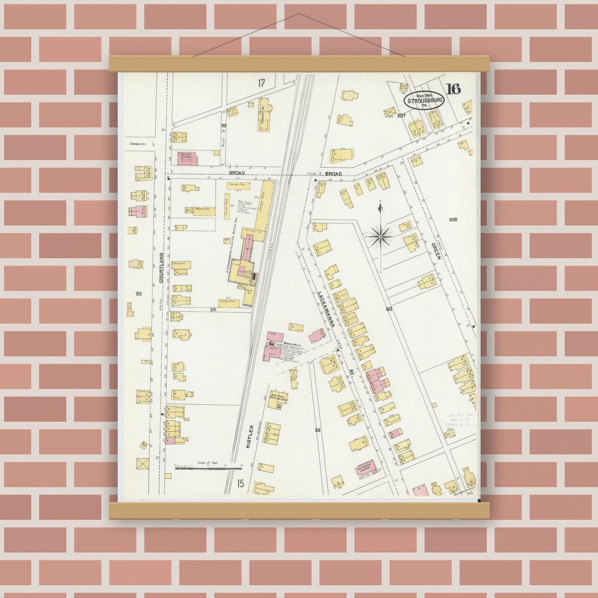 Old map wall art mockup — magnetic wood frame on brick wall — Sanborn Fire Insurance Map from Stroudsburg, Monroe County, Pennsylvania (1905), Sheet #0016