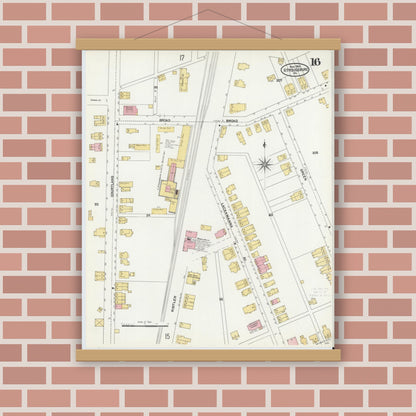 Old map wall art mockup — magnetic wood frame on brick wall — Sanborn Fire Insurance Map from Stroudsburg, Monroe County, Pennsylvania (1905), Sheet #0016