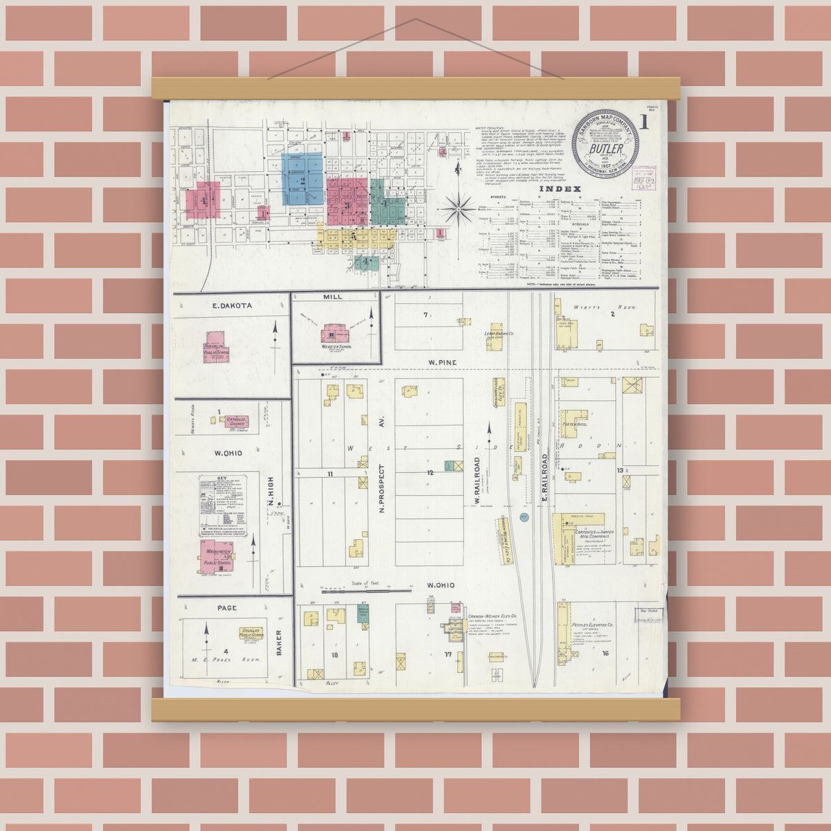 Old map wall art mockup — magnetic wood frame on brick wall — Sanborn Fire Insurance Map from Butler, Bates County, Missouri (1907) - Complete Map Set