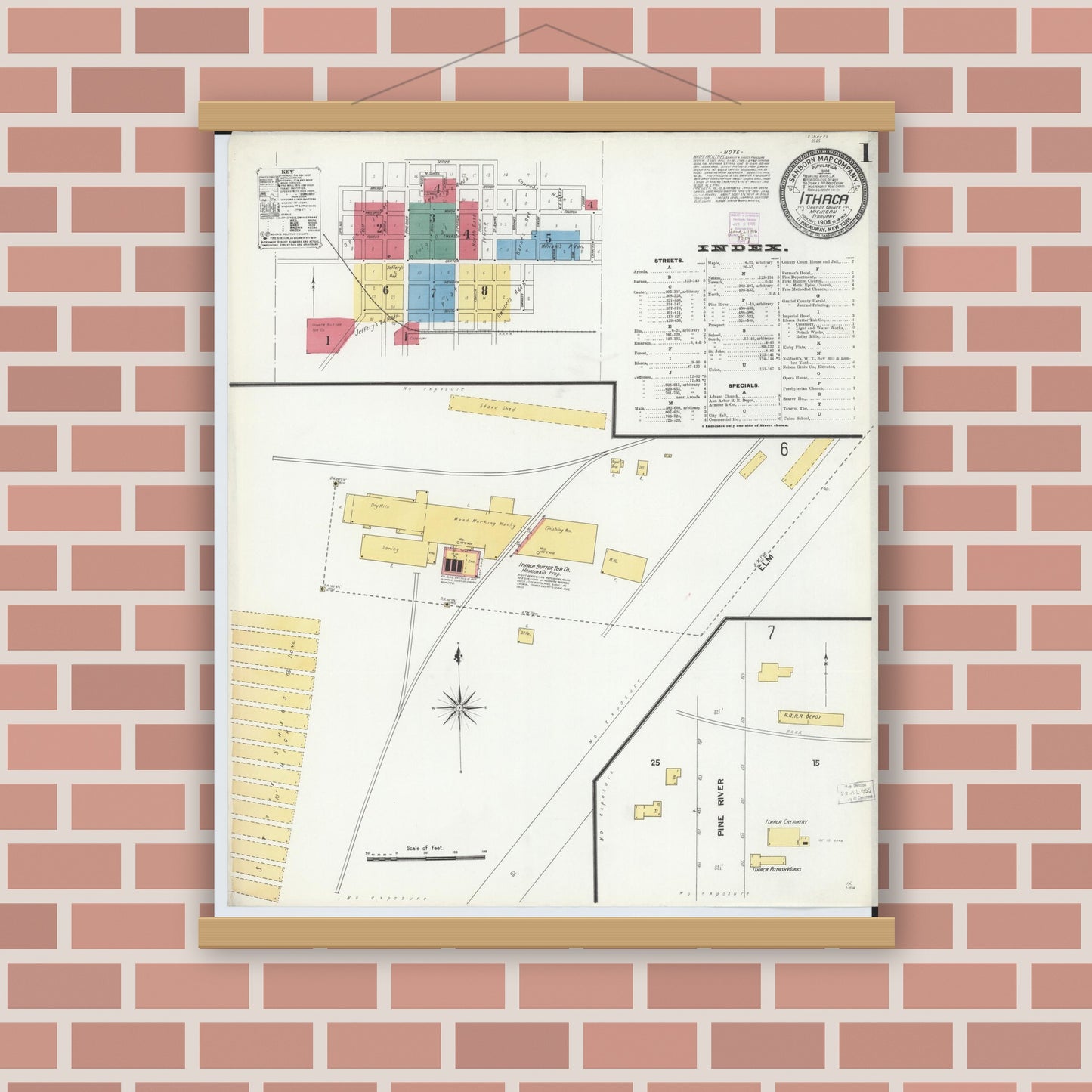 Old map wall art mockup — magnetic wood frame on brick wall — Sanborn Fire Insurance Map from Ithaca, Gratiot County, Michigan (1906) - Complete Map Set
