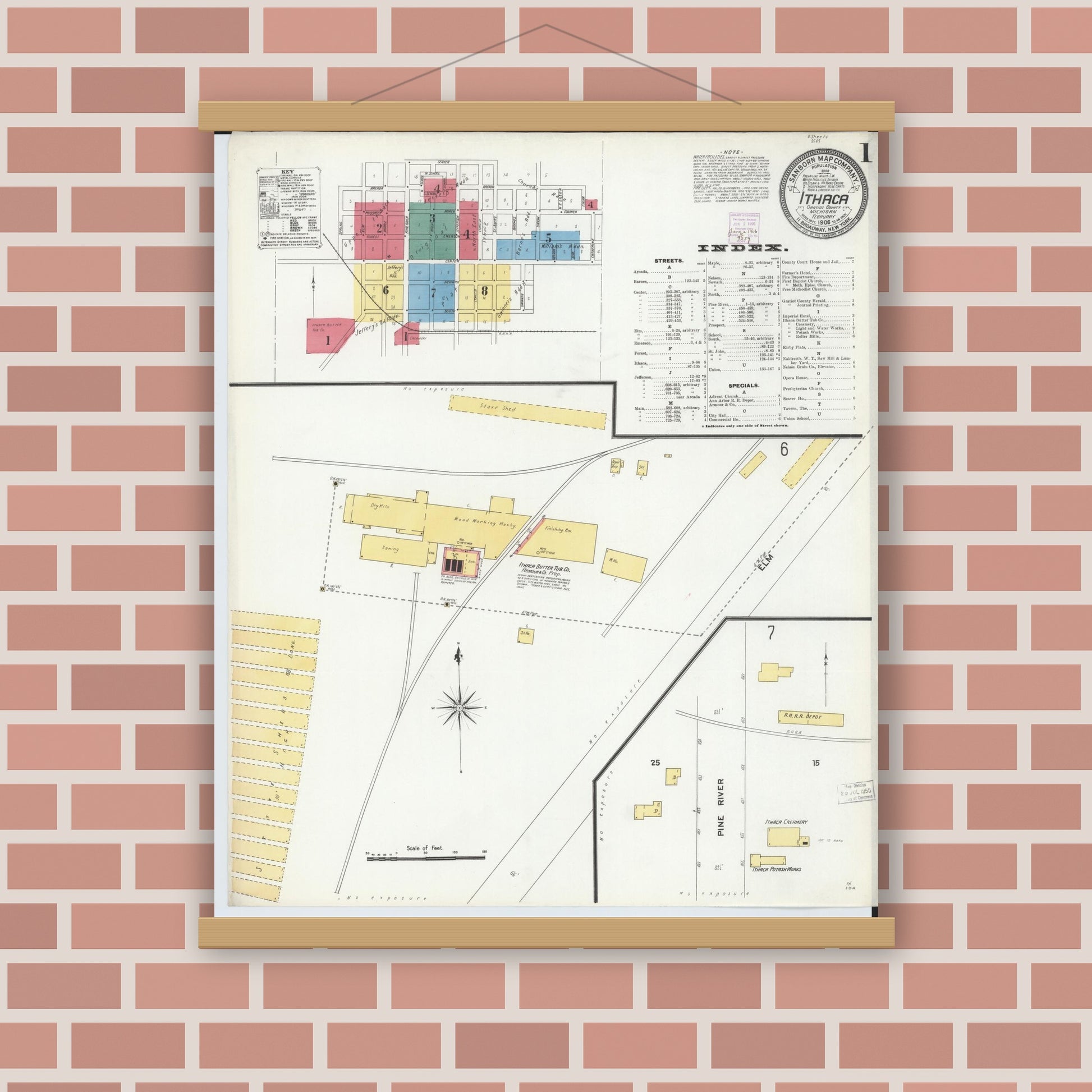 Old map wall art mockup — magnetic wood frame on brick wall — Sanborn Fire Insurance Map from Ithaca, Gratiot County, Michigan (1906) - Complete Map Set