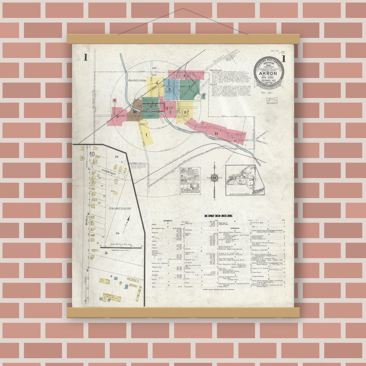 Old map wall art mockup — magnetic wood frame on brick wall — Sanborn Fire Insurance Map from Akron, Erie County, New York (1923) - Complete Map Set