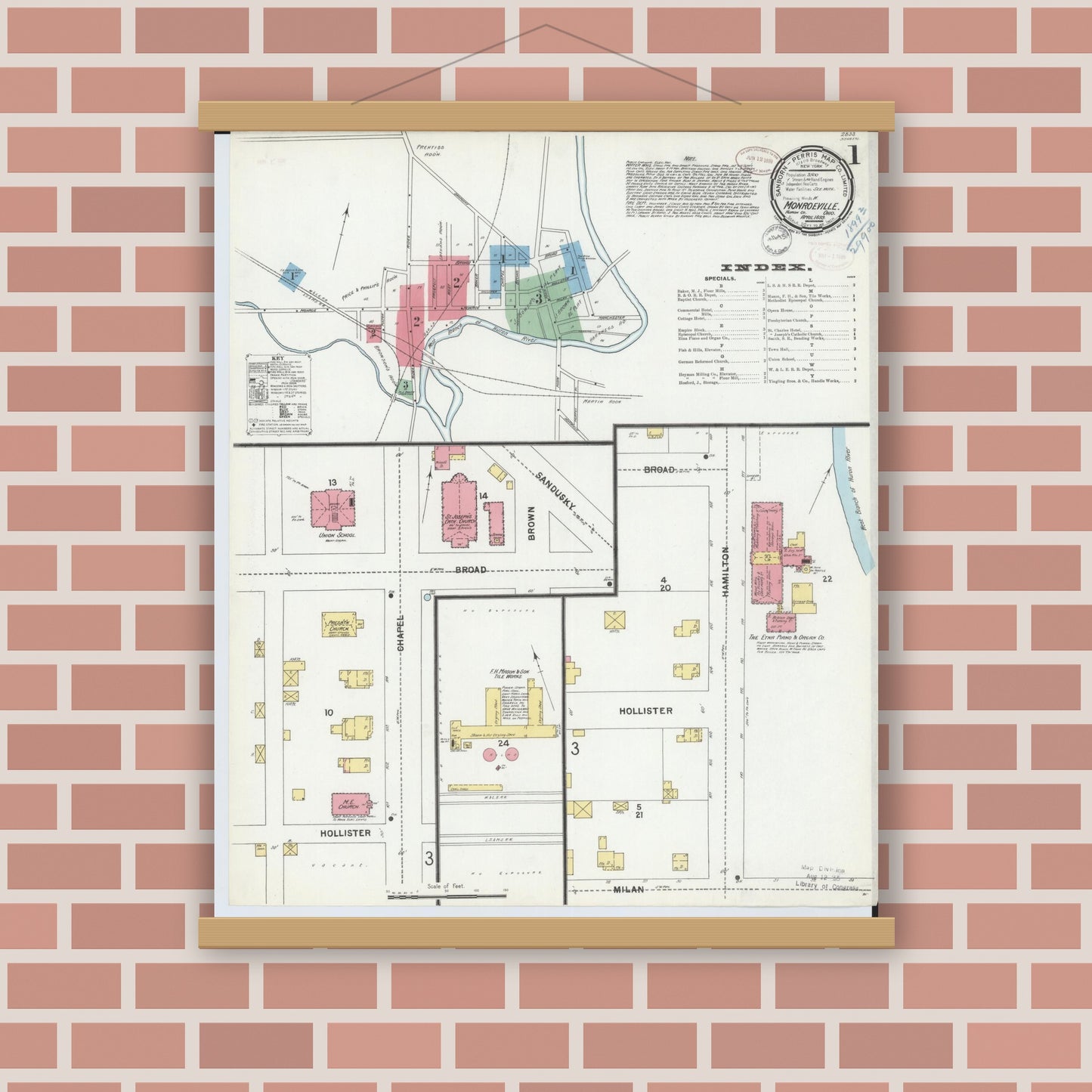 Old map wall art mockup — magnetic wood frame on brick wall — Sanborn Fire Insurance Map from Monroeville, Huron County, Ohio (1899) - Complete Map Set