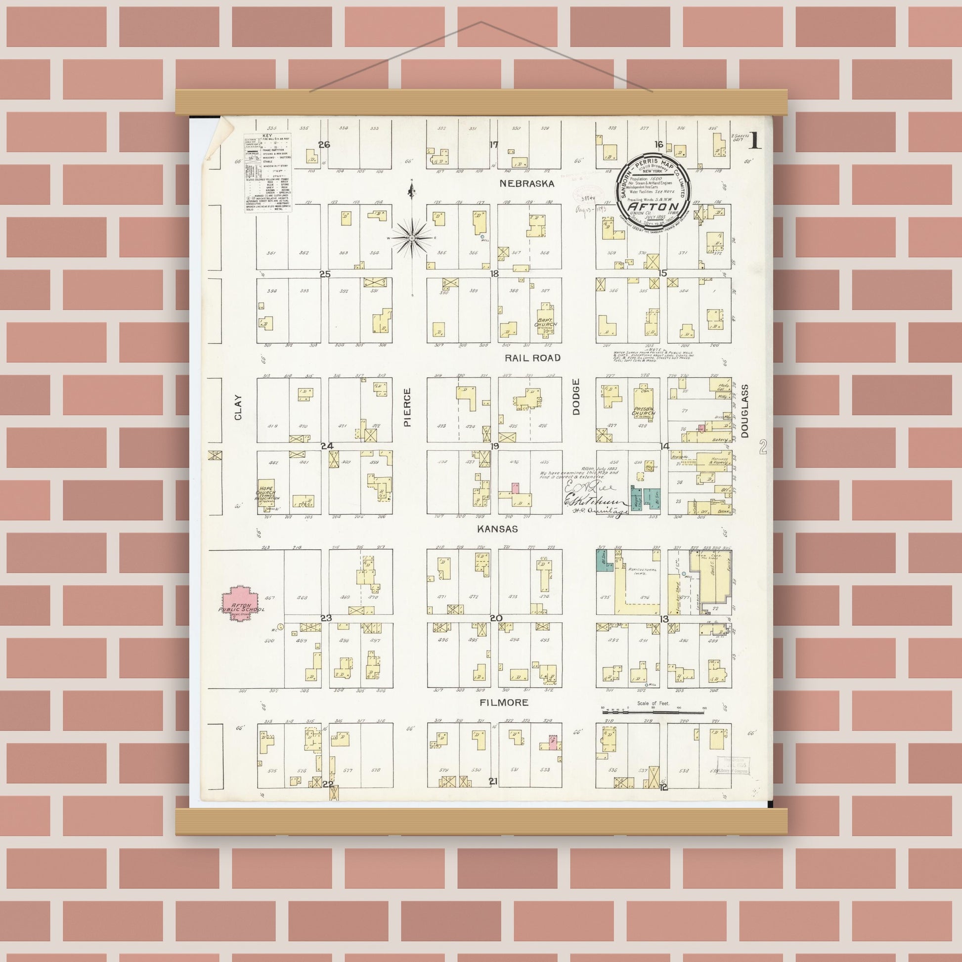 Old map wall art mockup — magnetic wood frame on brick wall — Sanborn Fire Insurance Map from Afton, Union County, Iowa (1893) â€” Complete Set