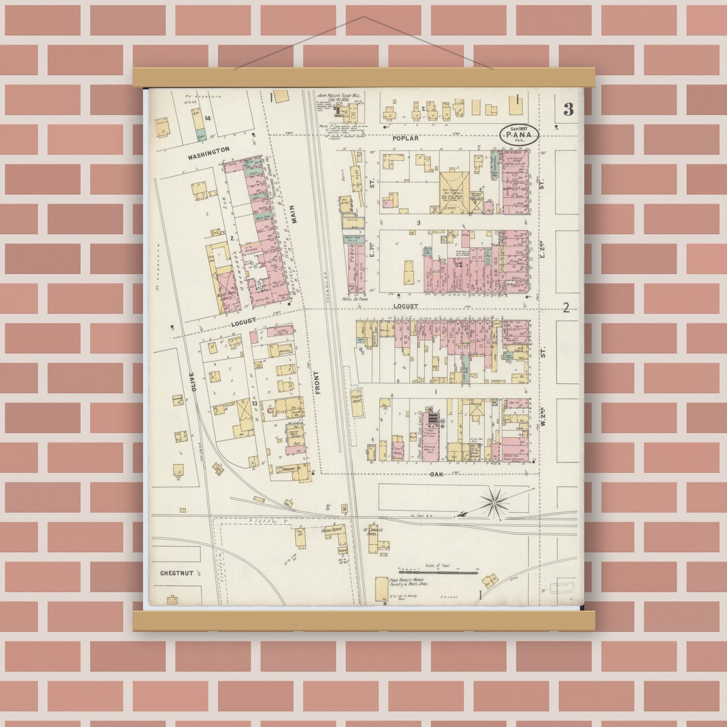 Old map wall art mockup — magnetic wood frame on brick wall — Sanborn Fire Insurance Map from Pana, Christian County, Illinois (1897), Sheet #0003