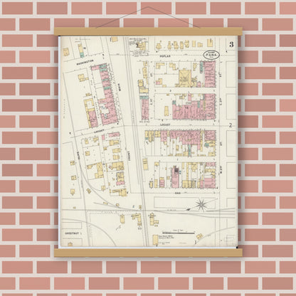 Old map wall art mockup — magnetic wood frame on brick wall — Sanborn Fire Insurance Map from Pana, Christian County, Illinois (1897), Sheet #0003