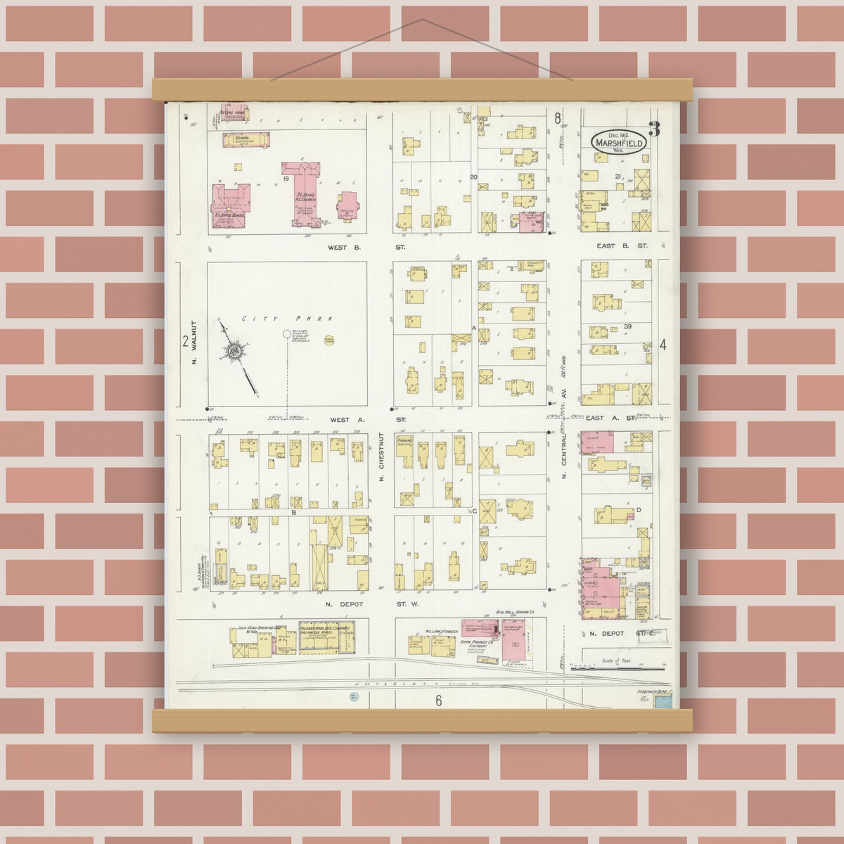 Old map wall art mockup — magnetic wood frame on brick wall — Sanborn Fire Insurance Map from Marshfield, Wood County, Wisconsin (1912), Sheet #0003