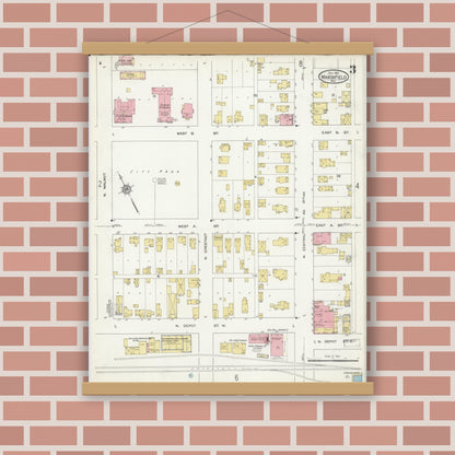 Old map wall art mockup — magnetic wood frame on brick wall — Sanborn Fire Insurance Map from Marshfield, Wood County, Wisconsin (1912), Sheet #0003