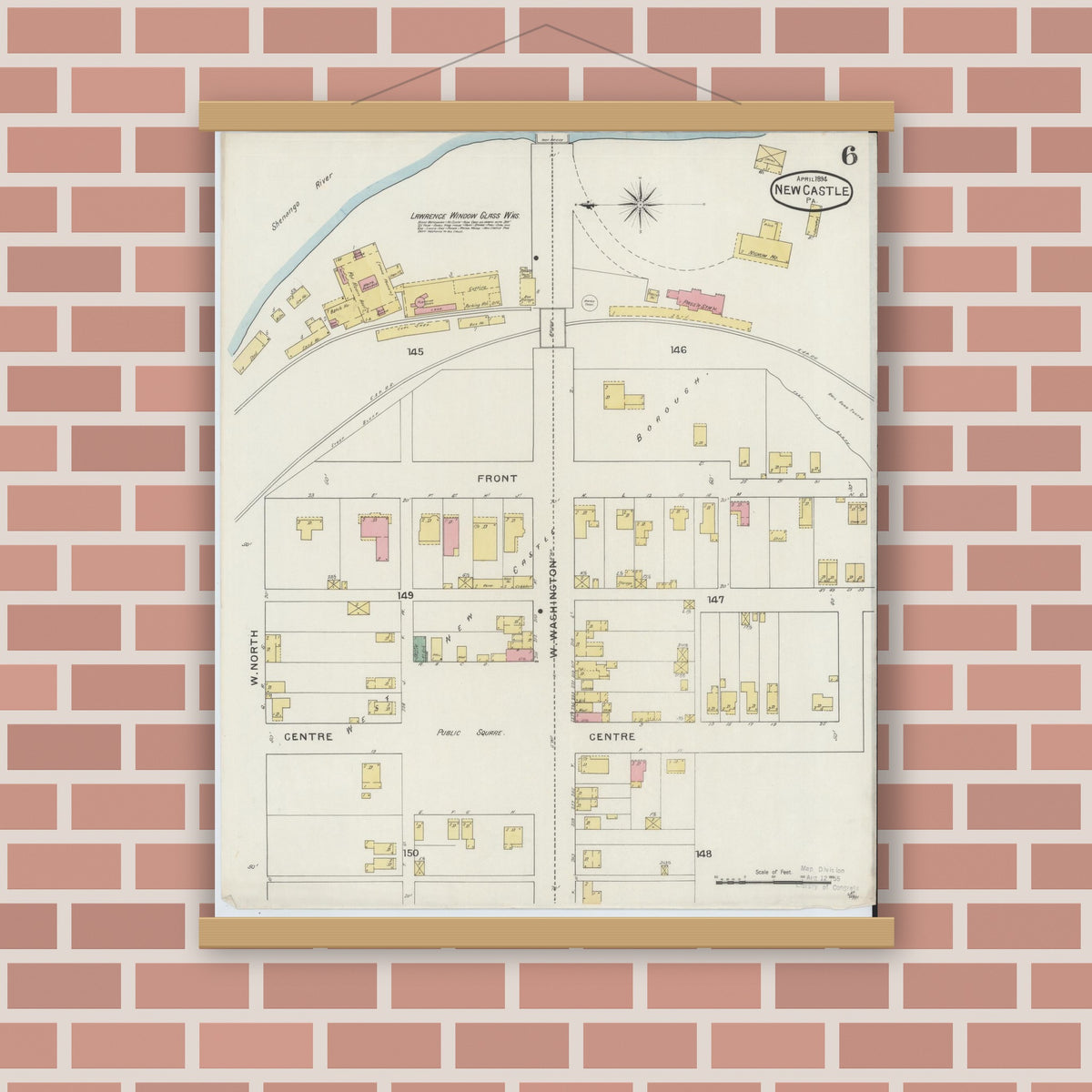 Old map wall art mockup — magnetic wood frame on brick wall — Sanborn Fire Insurance Map from New Castle, Lawrence County, Pennsylvania (1894), Sheet #0006