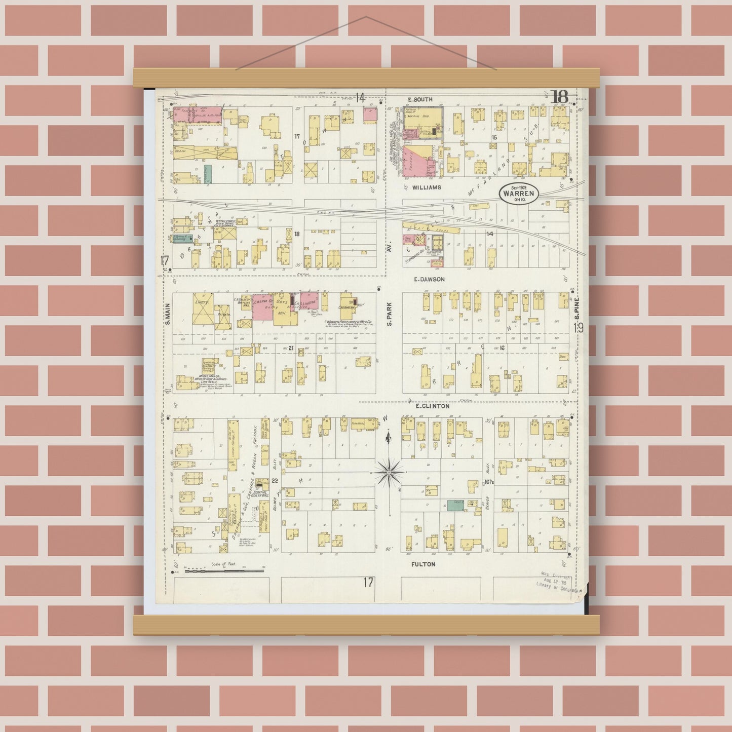 Old map wall art mockup — magnetic wood frame on brick wall — Sanborn Fire Insurance Map from Warren, Trumbull County, Ohio (1902), Sheet #0018
