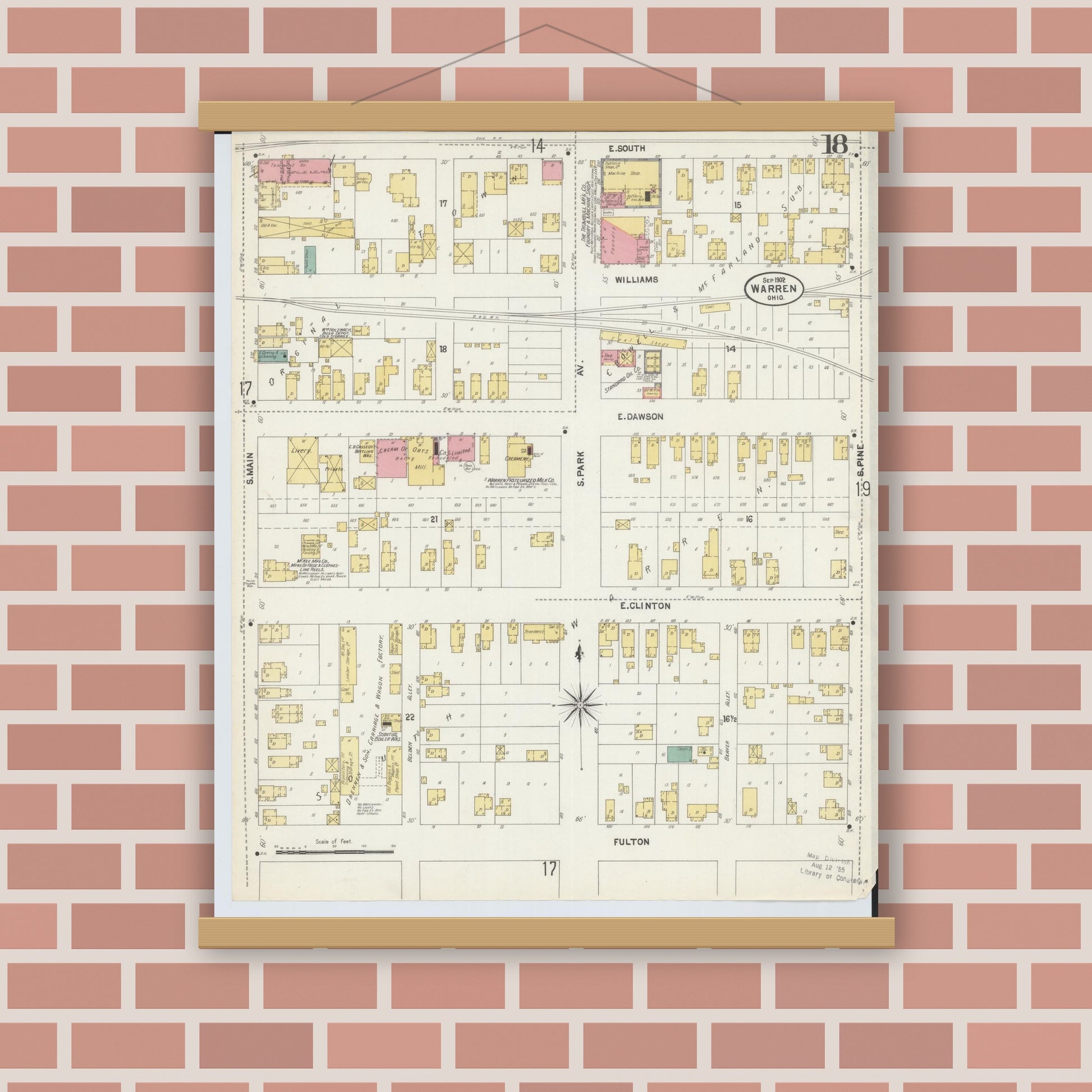 Old map wall art mockup — magnetic wood frame on brick wall — Sanborn Fire Insurance Map from Warren, Trumbull County, Ohio (1902), Sheet #0018