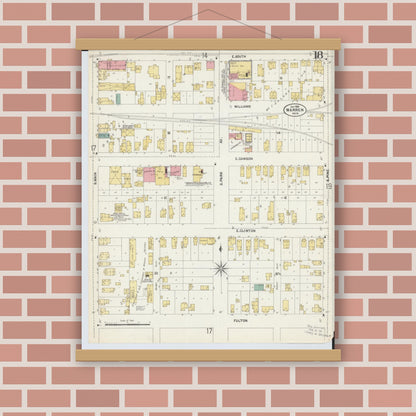 Old map wall art mockup — magnetic wood frame on brick wall — Sanborn Fire Insurance Map from Warren, Trumbull County, Ohio (1902), Sheet #0018