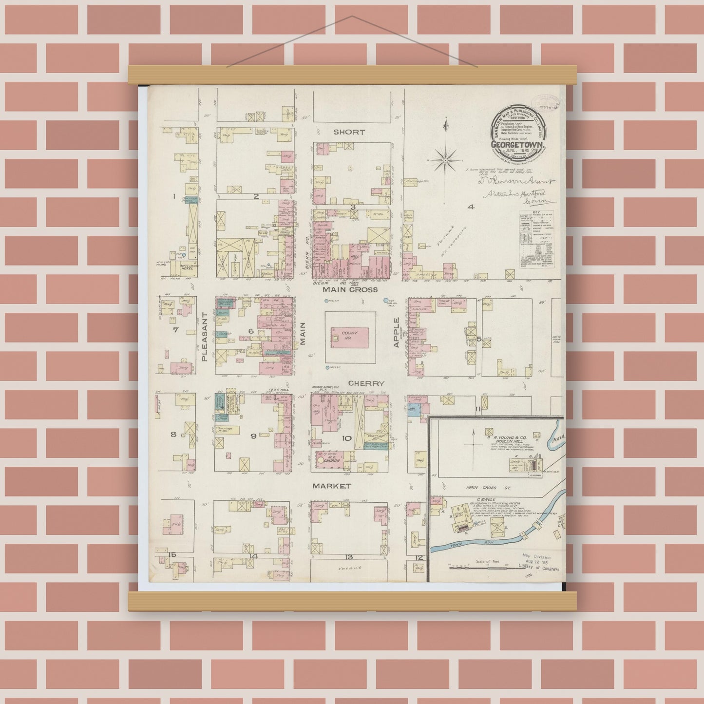 Old map wall art mockup — magnetic wood frame on brick wall — Sanborn Fire Insurance Map from Georgetown, Brown County, Ohio (1885), Sheet #0001