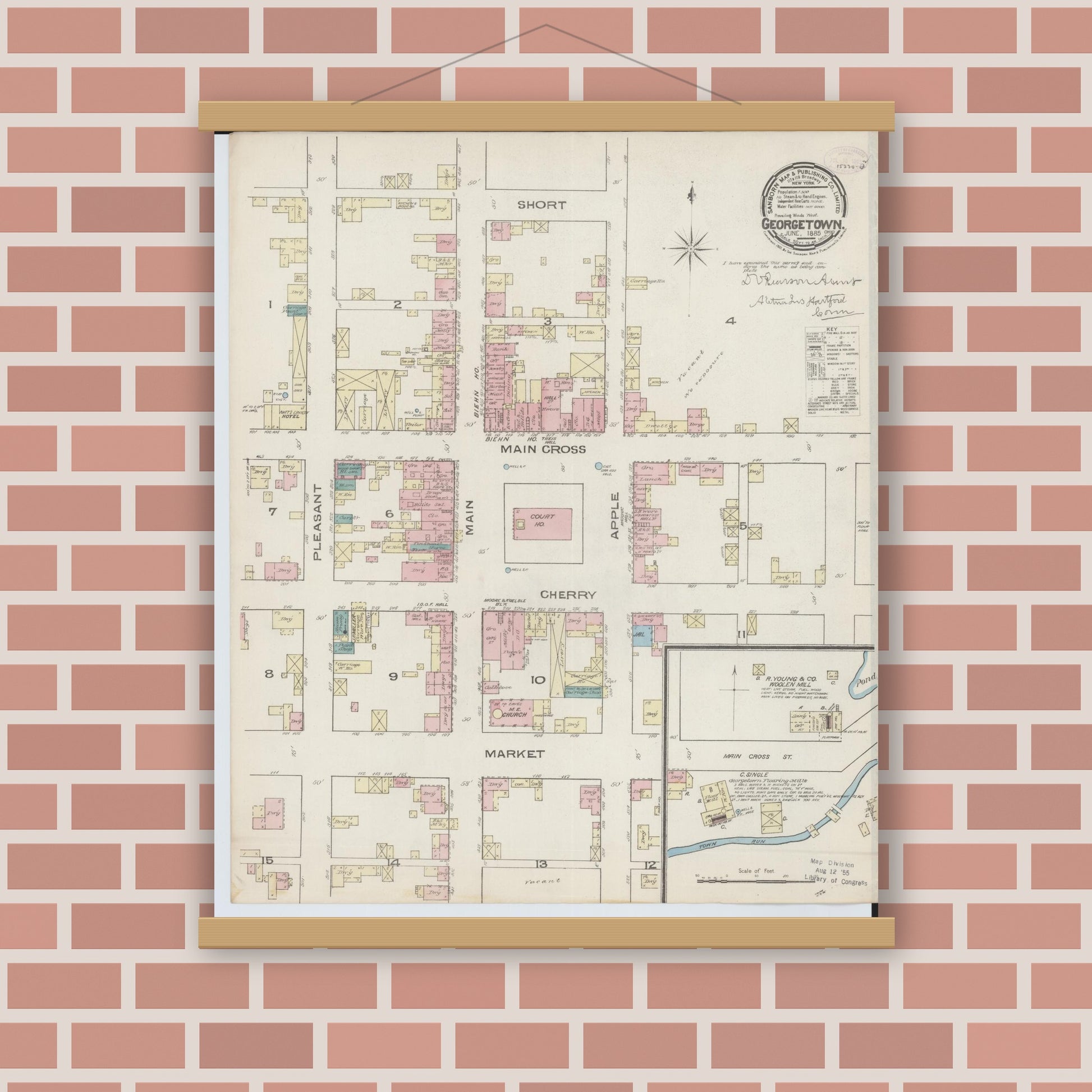 Old map wall art mockup — magnetic wood frame on brick wall — Sanborn Fire Insurance Map from Georgetown, Brown County, Ohio (1885), Sheet #0001