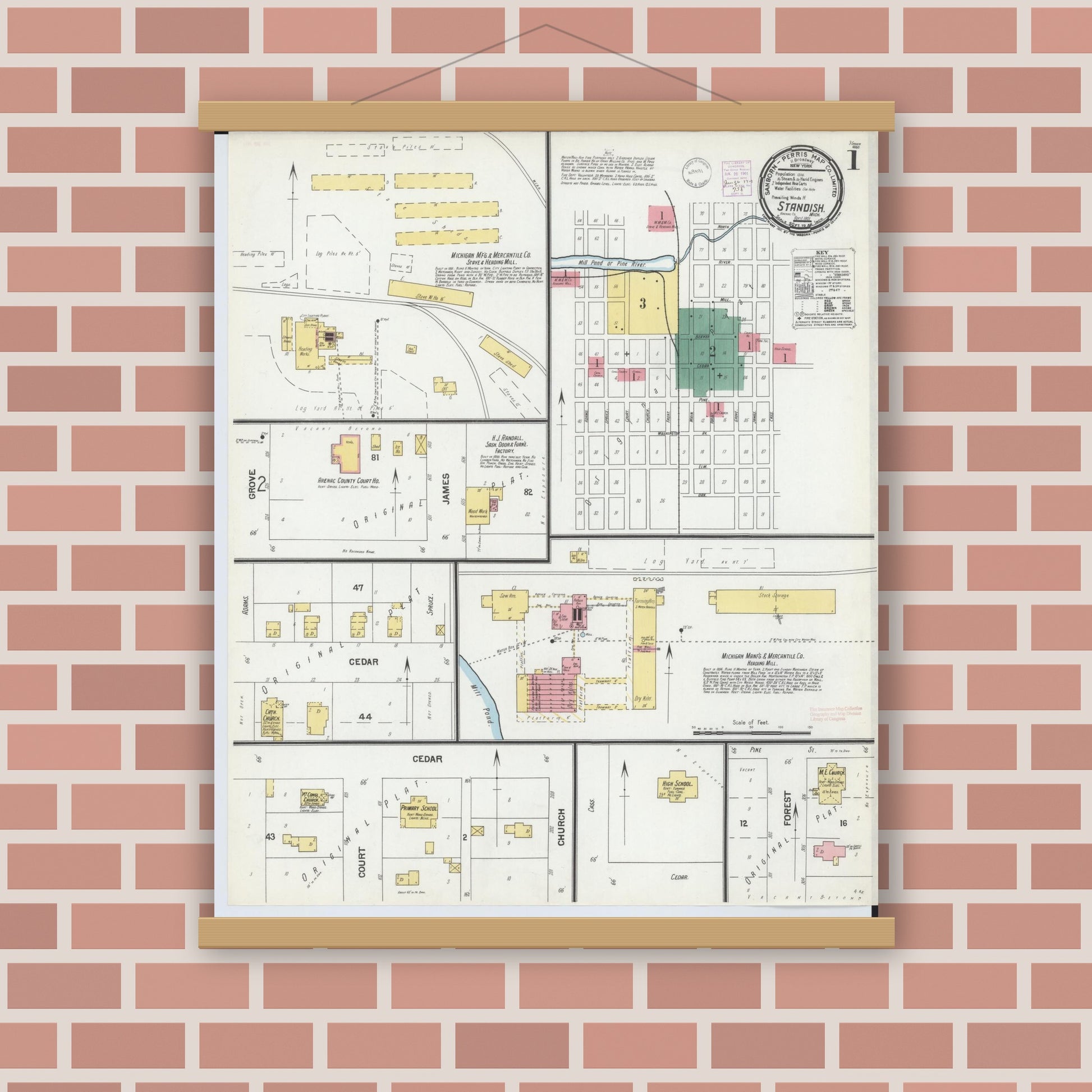 Old map wall art mockup — magnetic wood frame on brick wall — Sanborn Fire Insurance Map from Standish, Arenac County, Michigan (1901) - Complete Map Set