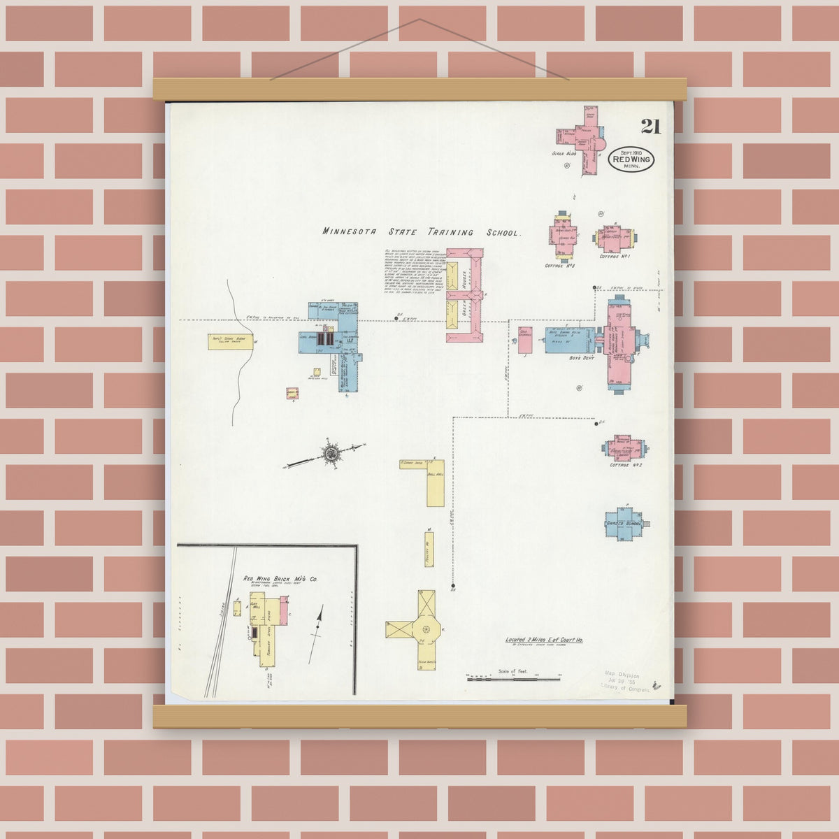 Old map wall art mockup — magnetic wood frame on brick wall — Sanborn Fire Insurance Map from Red Wing, Goodhue County, Minnesota (1910), Sheet #0021