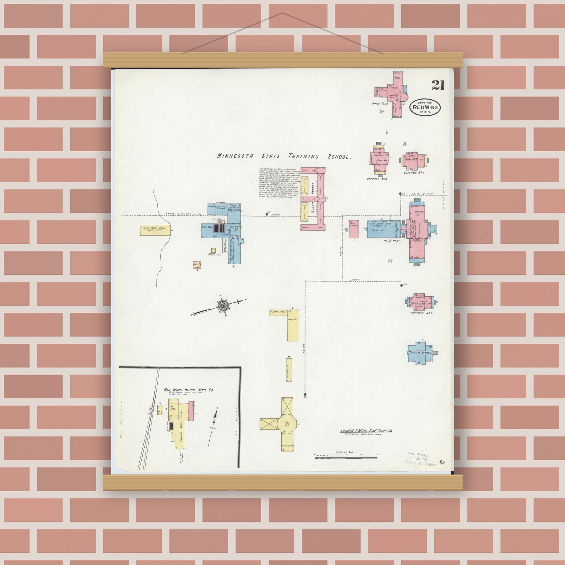 Old map wall art mockup — magnetic wood frame on brick wall — Sanborn Fire Insurance Map from Red Wing, Goodhue County, Minnesota (1910), Sheet #0021