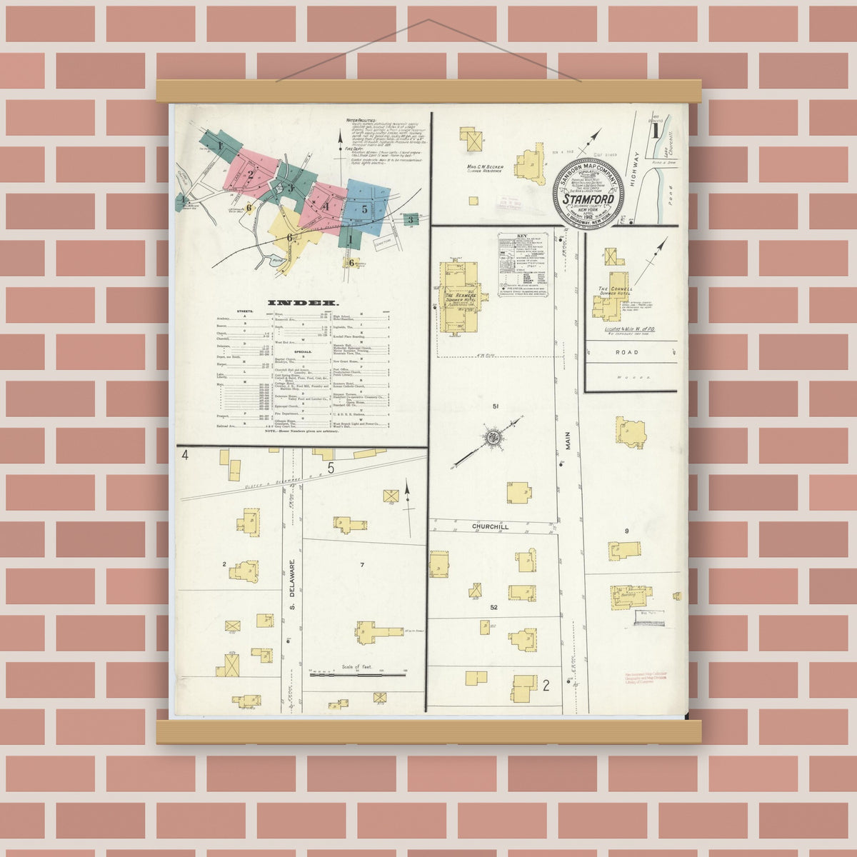 Old map wall art mockup — magnetic wood frame on brick wall — Sanborn Fire Insurance Map from Stamford, Delaware County, New York (1912) - Complete Map Set