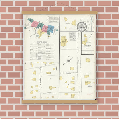 Old map wall art mockup — magnetic wood frame on brick wall — Sanborn Fire Insurance Map from Stamford, Delaware County, New York (1912) - Complete Map Set