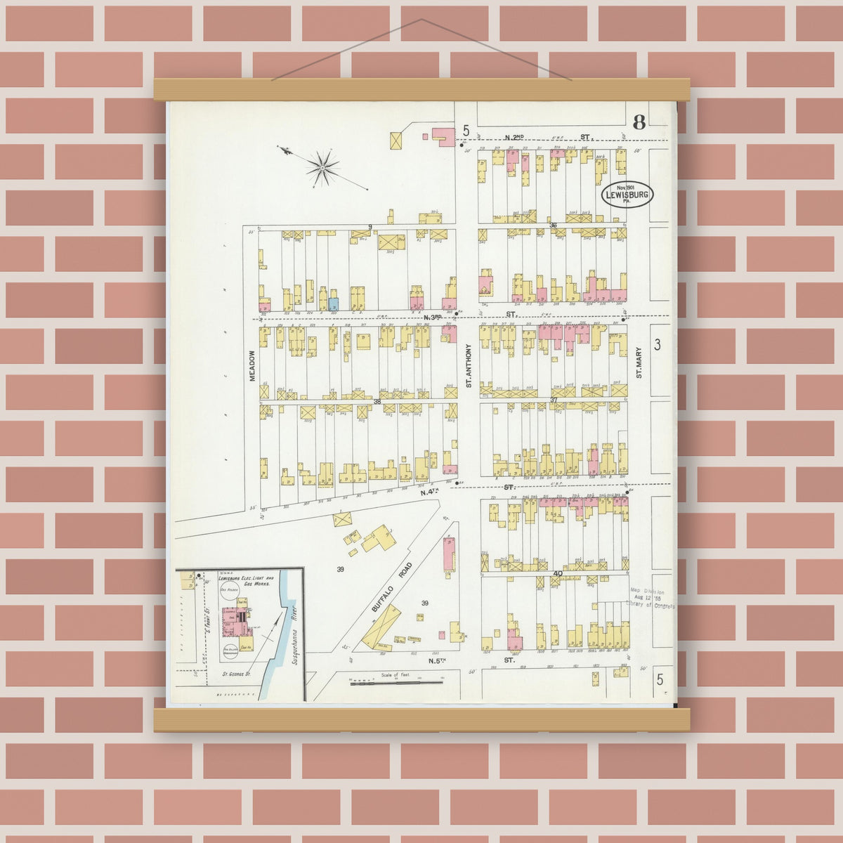 Old map wall art mockup — magnetic wood frame on brick wall — Sanborn Fire Insurance Map from Lewisburg, Union County, Pennsylvania (1901), Sheet #0008