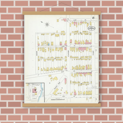 Old map wall art mockup — magnetic wood frame on brick wall — Sanborn Fire Insurance Map from Lewisburg, Union County, Pennsylvania (1901), Sheet #0008