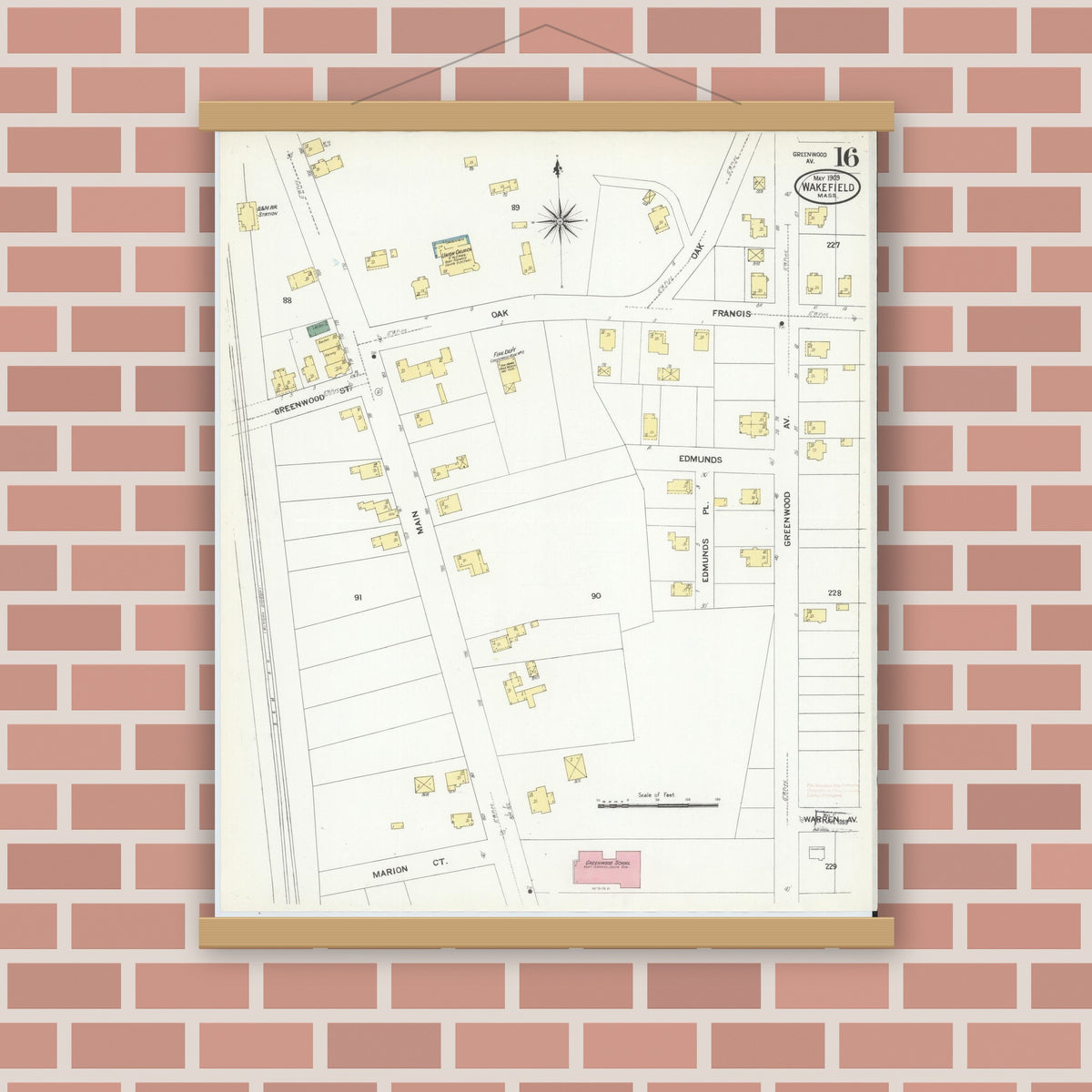 Old map wall art mockup — magnetic wood frame on brick wall — Sanborn Fire Insurance Map from Wakefield, Middlesex County, Massachusetts (1909), Sheet #0016