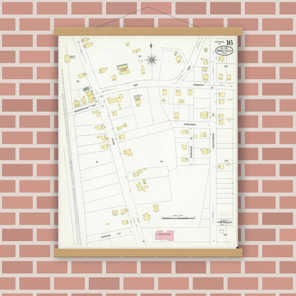 Old map wall art mockup — magnetic wood frame on brick wall — Sanborn Fire Insurance Map from Wakefield, Middlesex County, Massachusetts (1909), Sheet #0016